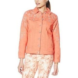 DG2 Diane Gilman Jacket Women's Large Embroidered Denim Coral